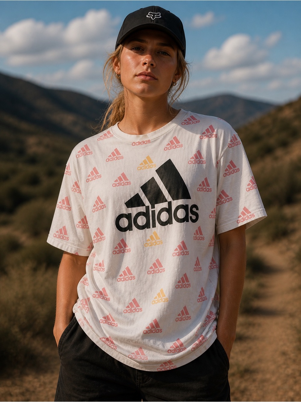 adidas White Tee with Black Logo and Pink Accents